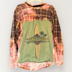 Upcycled St John’s Bay Flannel Shirt M Bleach Dyed Longboards Back Patch
